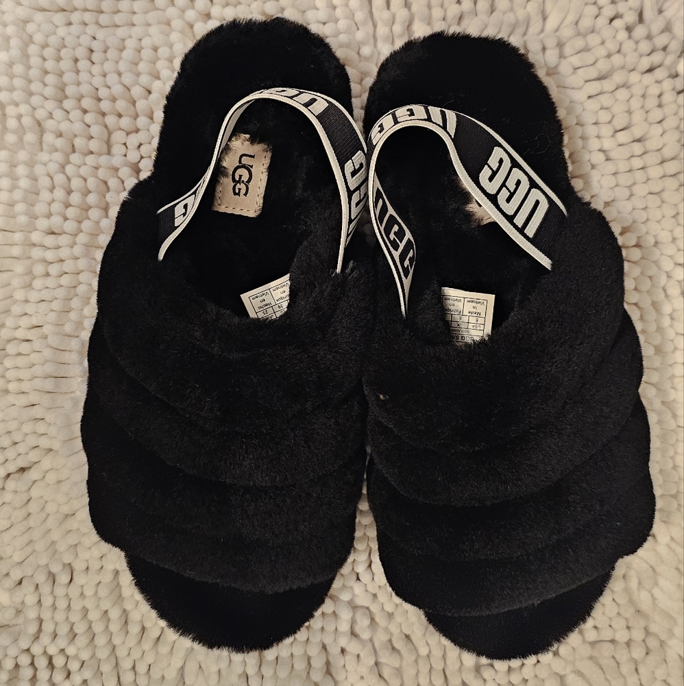 UGG Fluff Yeah Woman's Shearling Slingback Sandal Slippers Black Size 8